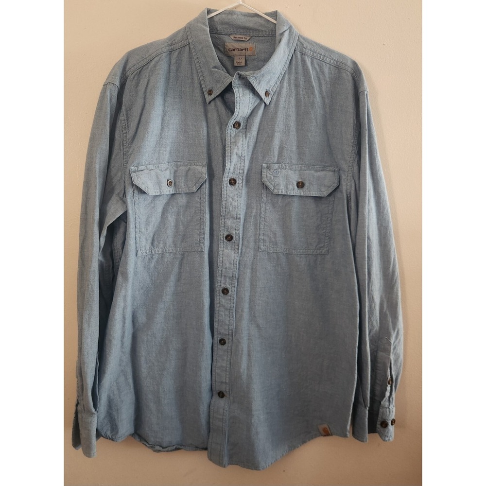 Carhartt Mens Relaxed Fit Chambray Blue Long Sleeve Button Up Size L 100% Cotton